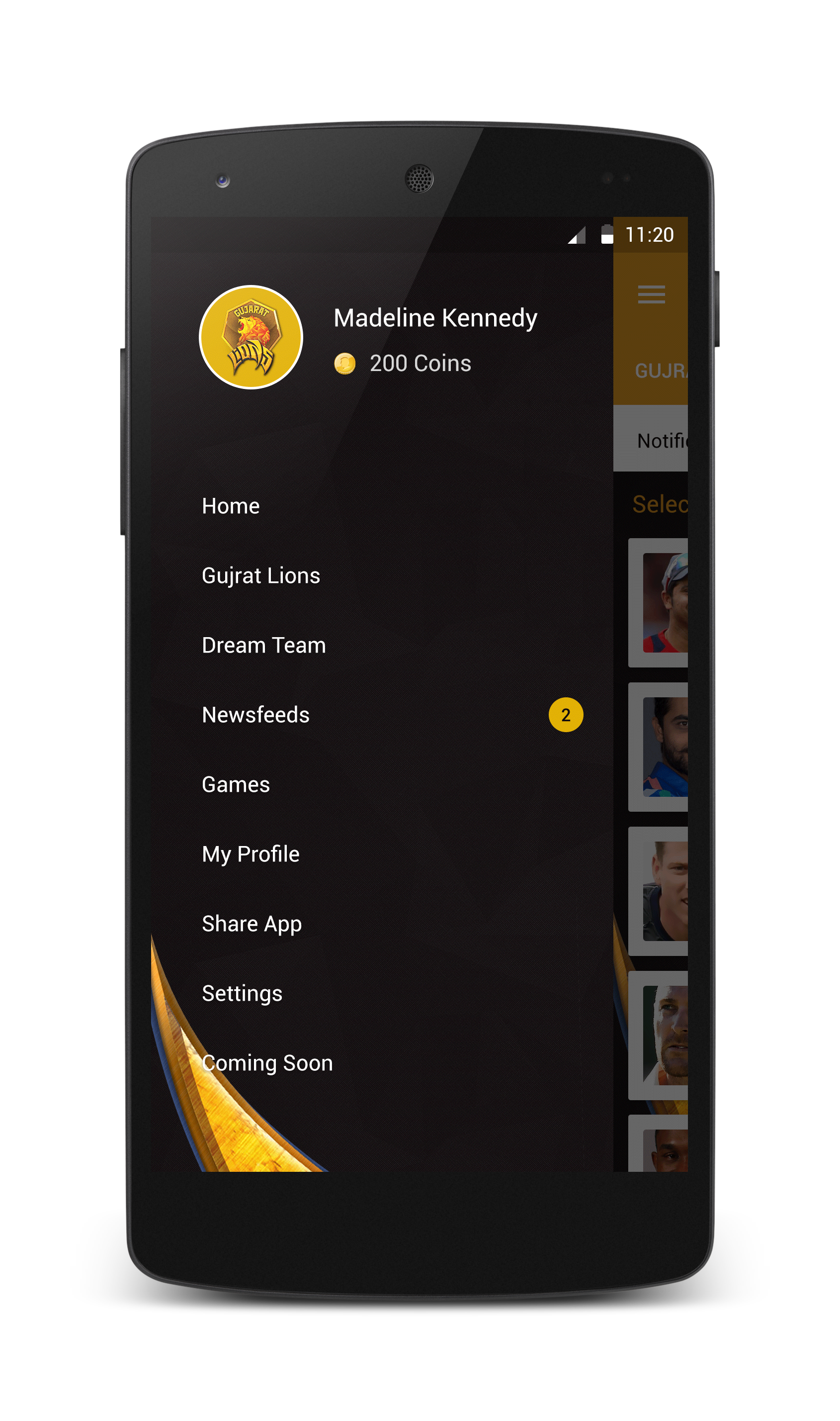 The Gujarat Lions App navigation menu image