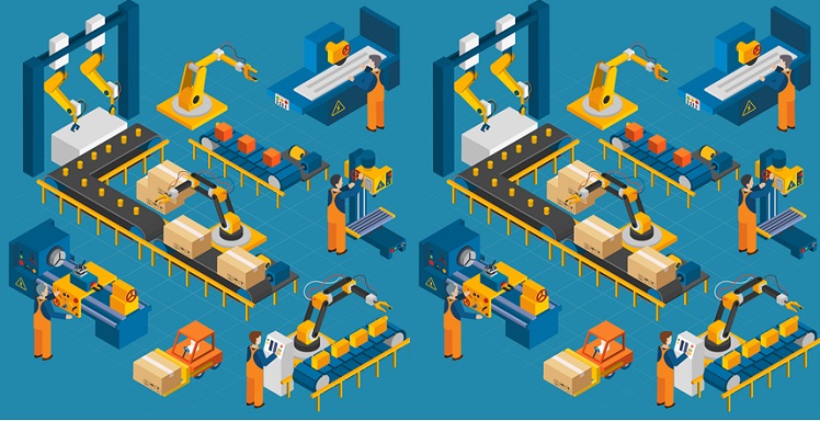 Isometric icons set with robotic machinery and operators of machine with control software vector illustration